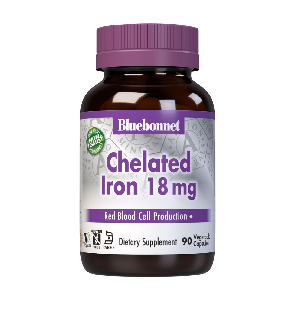 Bluebonnet Nutrition Chelated Iron 18 mg - non-constipating Iron - Soy-Free, Gluten-Free, Non-GMO, Kosher Certified, Dairy-Free, Vegan - 90 Vegetable Capsules, 90 Servings