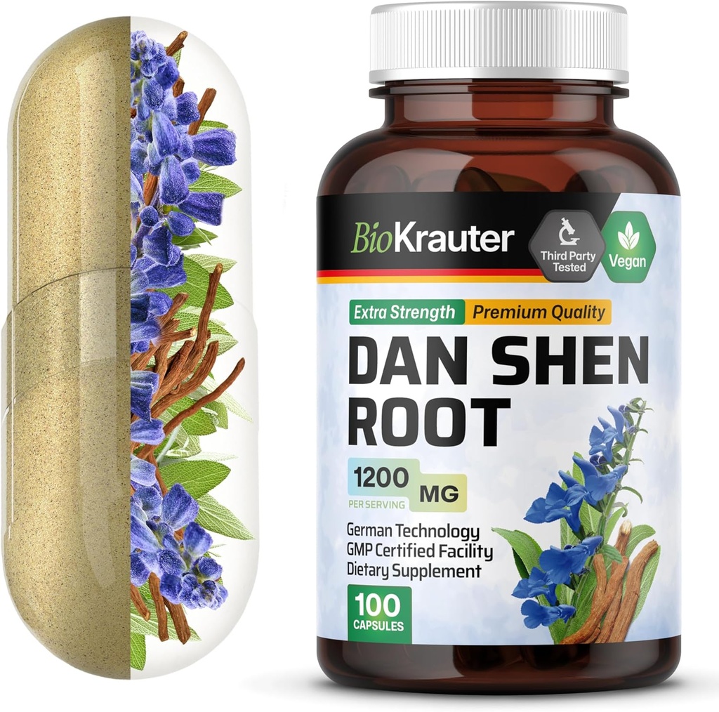 BIO KRAUTER Dan Shen Root Kapsule - 1200 mg Jakost - 100 rdečih pokrovčkov - antioksidant vir - Salvia Miltiorrhiza Root - Vegan