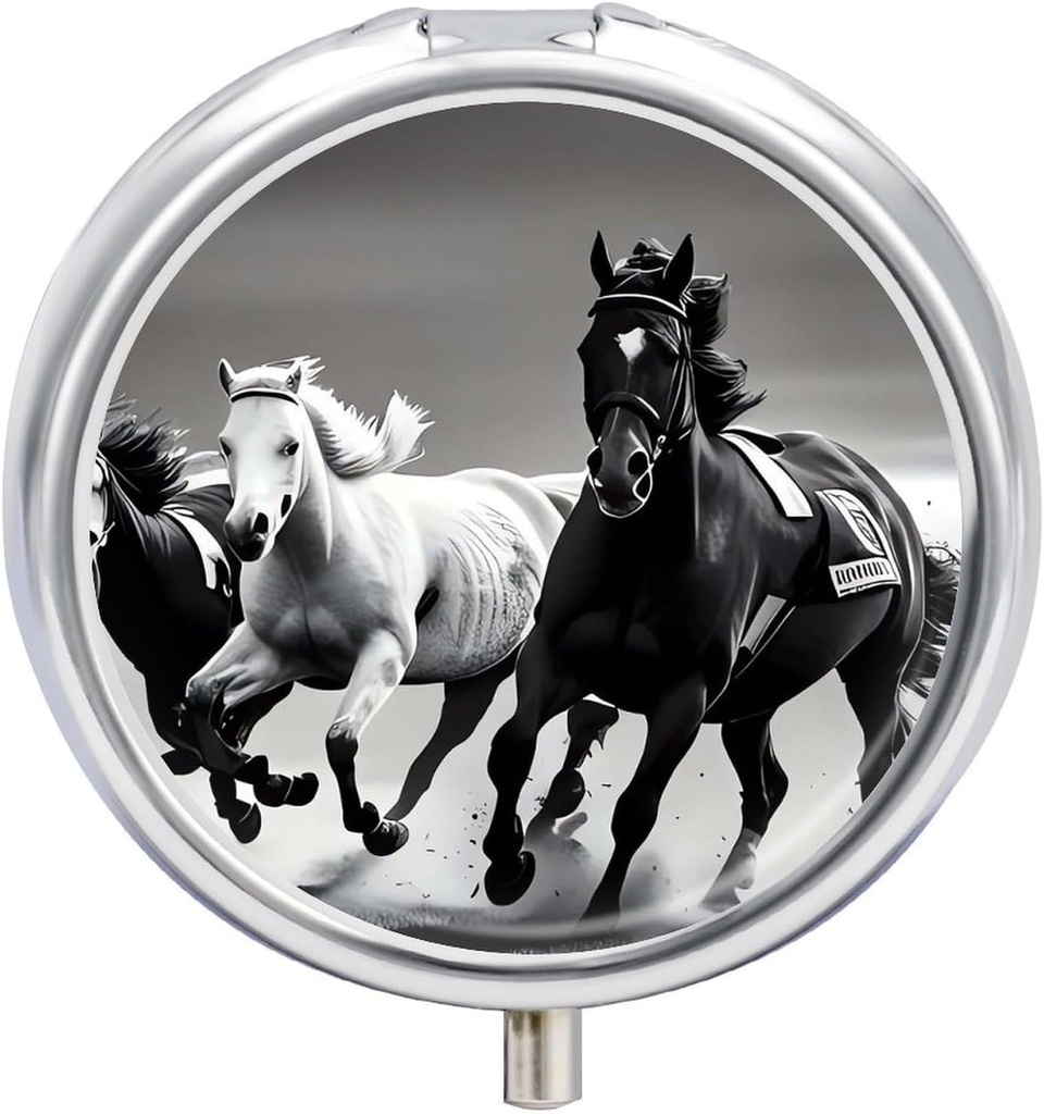 Black and White Horses Running Pill Case 3 Compartment Portable Pill Box Daily Round Pill Antolatzailea Pocket Purse Daily Medicine Edukiontzi Fish Oil Travel Gifts