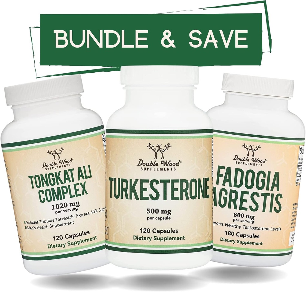 Dvojité dřevěné doplňky Tongkat Ali, Fadogia Agrestis, a Turkesterone Bundle - Ultimate Mužské zdraví Bundle pro atletickou podporu výkonu