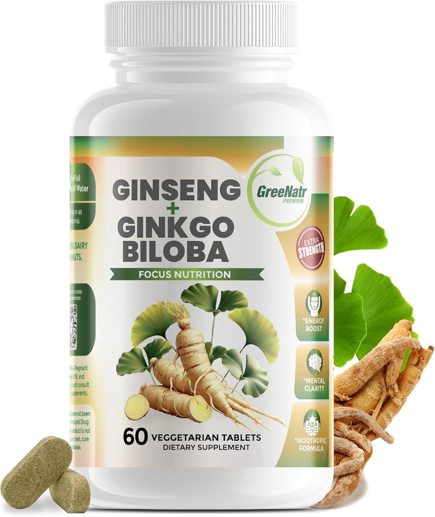 GreeNatr Ginko Biloba & Panax Ginseng osagarria - Red Ginseng Brain Supplement for Memory and Focus - Ginkgo Biloba Supplement for Good Vision, Inmmune System and Improved Blood Flow - 60 Tablet