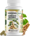 GreeNatr Ginko Biloba & Panax Ginseng osagarria - Red Ginseng Brain Supplement for Memory and Focus - Ginkgo Biloba Supplement for Good Vision, Inmmune System and Improved Blood Flow - 60 Tablet