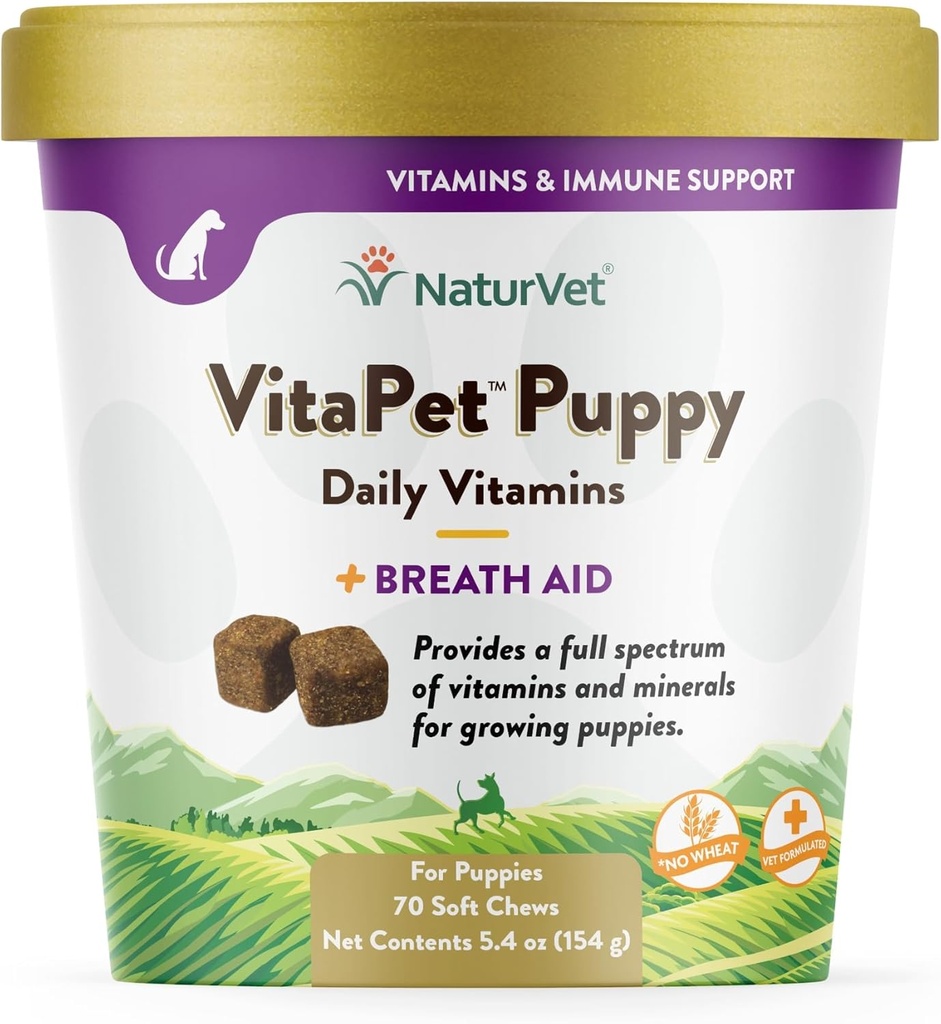 NaturVet – VitaPet Puppy Daily Vitamins for Dogs – Plus Breath Aid – Essential Vitamins, Minerals, Amino Acids & Fatty Acids (70 Soft Chews)와 Puppies를 제공하도록 특별히 공식화되었습니다.