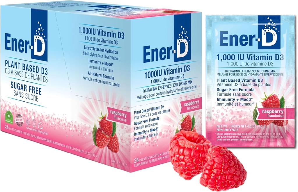 Ener- D Sugar Free Multivitamin Drink Mix - Vitamin D3 Prášek pro vodu, Electrolytes Powder No Sugar, Hydration Boost Packets, Nulový cukr, Vitamin D3 dodatek tekutý mix - Malina, 24 Počet