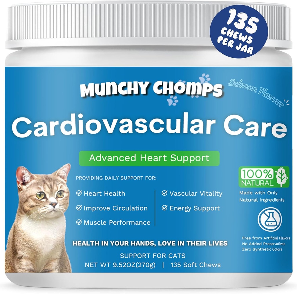 Cardio Chews for Cats - Išplėstinė širdies ir kraujagyslių priežiūra - Širdies sveikatos ir kraujotakos palaikymas su lašišos aliejumi, Taurinu, CoQ10 & Daugiau - Feline Additive for Optimal Heart Function (Salmon)