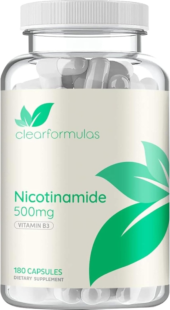 Vitamina B3 Nicotinamida 500 mg - forma de absorbţie ridicată a vitaminei B3 Niacin Flush Free for Hear Skin Brain and Energy Support - NAD Precursor - Made in a cGMP American Facility (180 Servings)