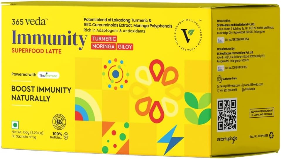 Immuniteetti Boost Latte Moringa & Giloy, Turmeeric, 100% Natural Ingredients, Saattaa parantaa digestio, Gluteeniton On-The-Go Sachets (30 kreivi)