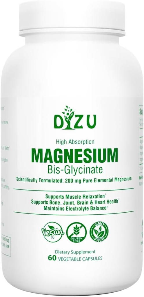 Magnesium Bisglycinate (Glycinate) 200 mg - AAbsorpsi Tinggi Disediakan - Pendukung Tidur, Stress, Otot, Nerves, Tulang, Hati & Energi - Vegan, Non- GMO, Katup Kerja - 60 Capsules