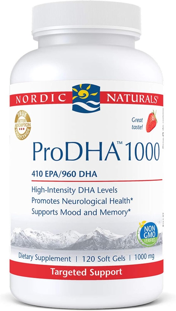 Nordic Naturals ProDHA 1000, Jagoda - 120 Soft Gels - 1660 mg Omega-3 - Visoka intenzivnost DHA Formula za nevrološko zdravje, Mood & Memory - Non-GMO - 60 Serving
