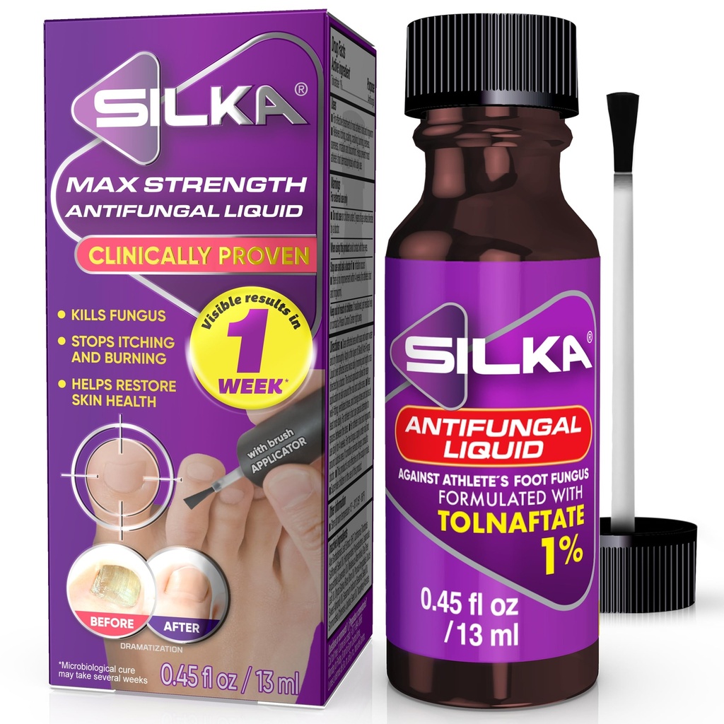 SILKA Max Strength Antifungal Liquid for Toenail Health with Brush Applicator, Results in 1 Week, Nail Fungus Treatment for Damaged Toenails, Athlete's Foot Treatment, Tolnaftate 1% 0.45 Fl Oz