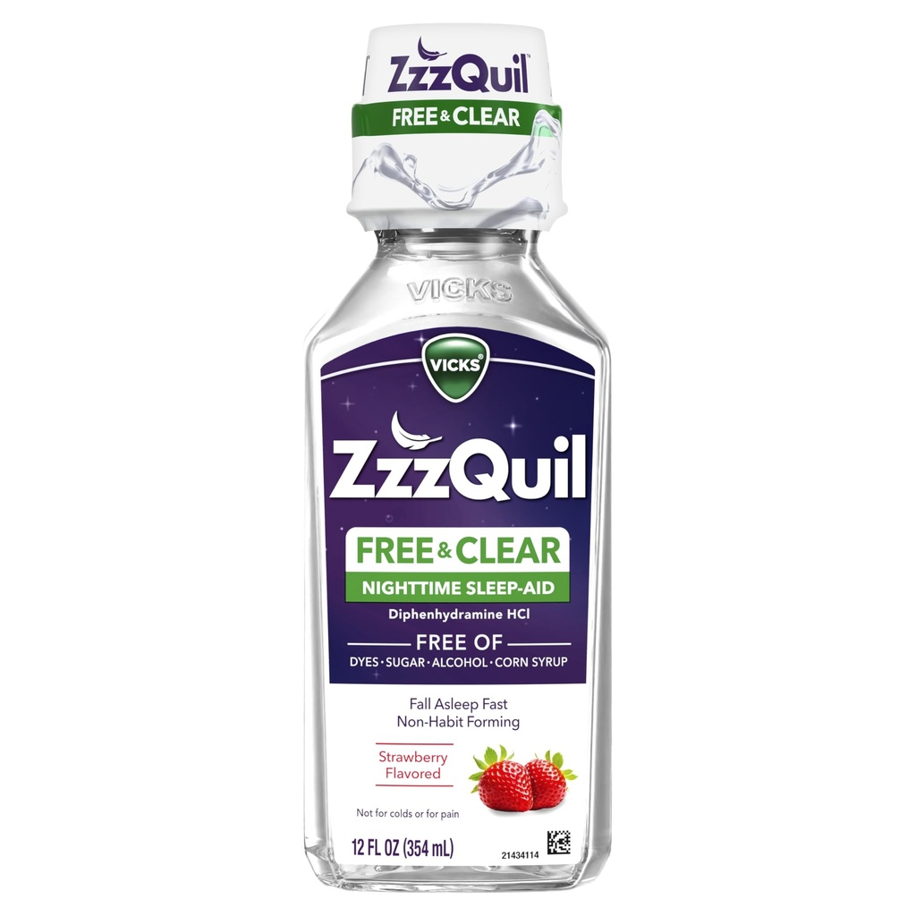 ZzzQuil, Nighttime Sleep Aid Liquid, Free of Alcohol & Artificial Dyes, 50 mg Diphenhydramine HCl, No.1 Sleep Aid Brand, Fall Asleep Fast, Non-Habit Forming, Soothing Berry Flavor, 12 FL OZ