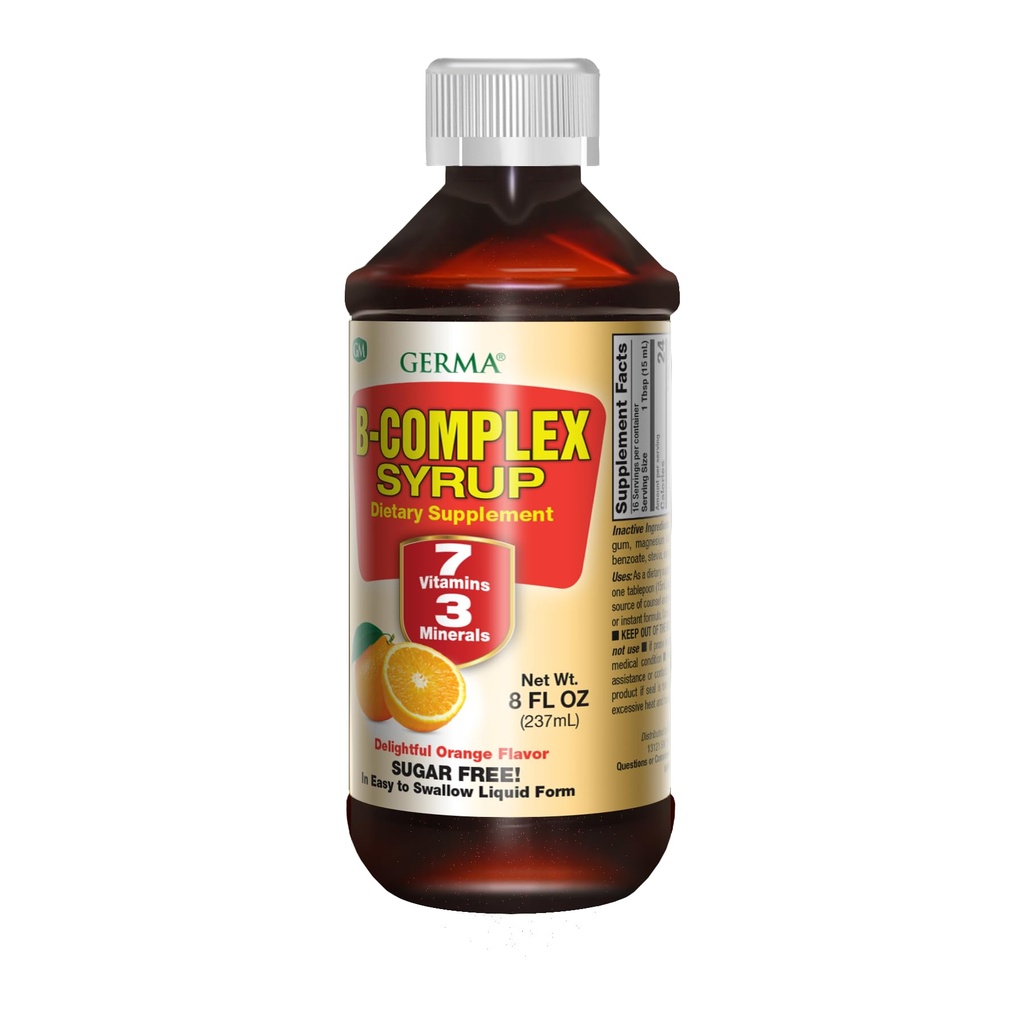 Germa B-Complex Syrup. Dietary Supplement. Bone Health, Growth and Development Aid. Sugar Free. Orange Flavor. 8 oz