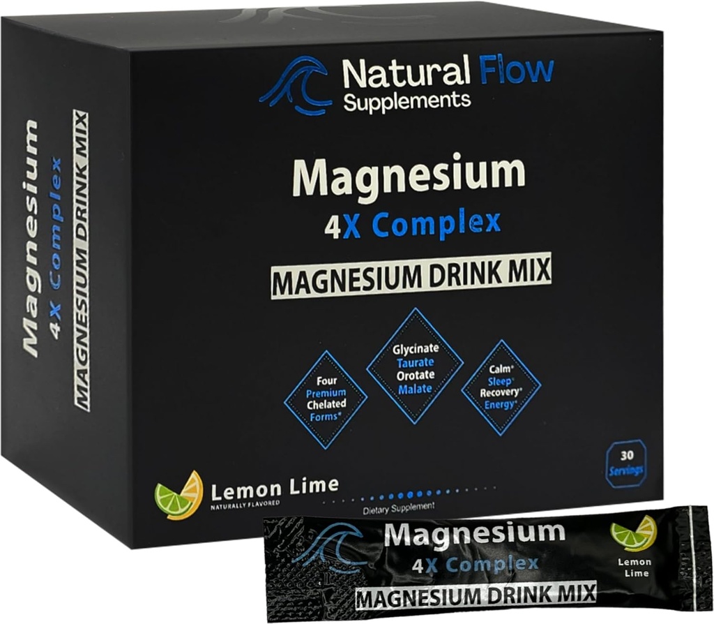 Magnesium Powder Drink Mix Packs - Lemon/Lime - Natural Flow 4X Magnesium Glycinate, Taurate, Malate, Orotate Suplemento, Calm Sleep and Cramp Support Blend, No Mag Citrate o Oxide, 30 Stick Packs