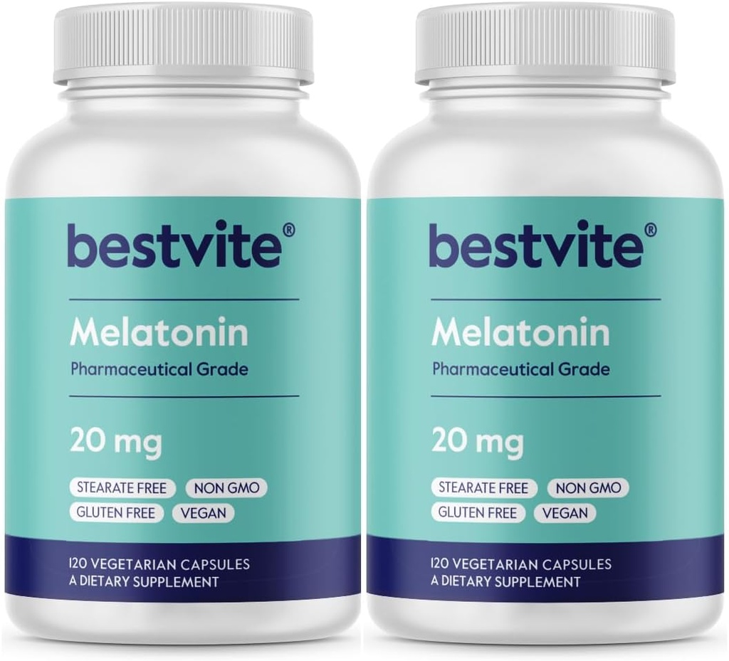 BESTVITE Melatonine 20mg (240 gélules végétariennes) (120 x 2) - Pas de stéarates - Vegan - Non OGM - Sans gluten
