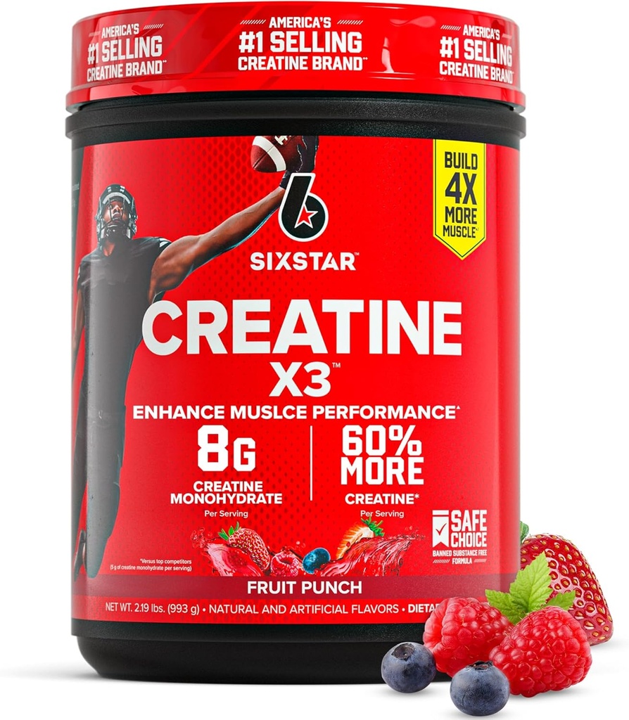 Six Star Creatine Monohydrát Powder, X3 (Ovocný punč) - Ochucené Creatine HCl Powder Monohydrát Dodatek pro budování svalů a výkon - Post Workout Dodatek pro muže a ženy - 30 Služebnictví