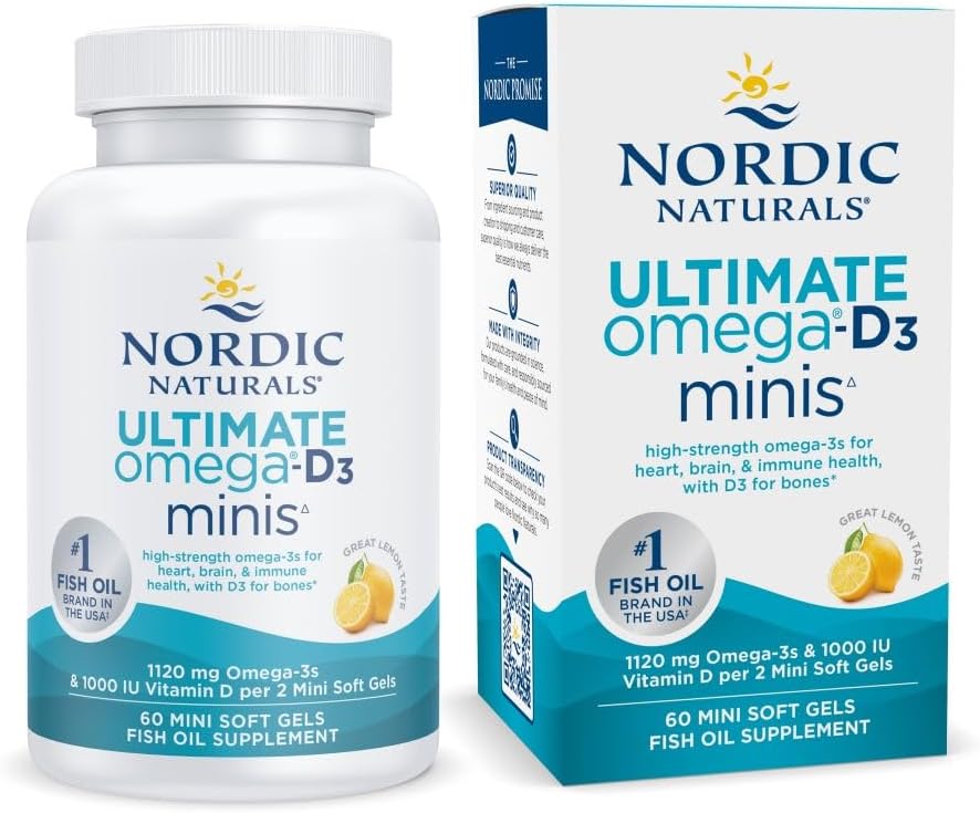 Nordic Naturals Ultimate Omega Mini D3, Lemon Flavor - 60 Mini Soft Gels - 1120 mg Omega-3 + 1000 i.e. Vitamin D3 - EPA & DHA - Spodbuja zdravje možganov in srca - 30 Servings