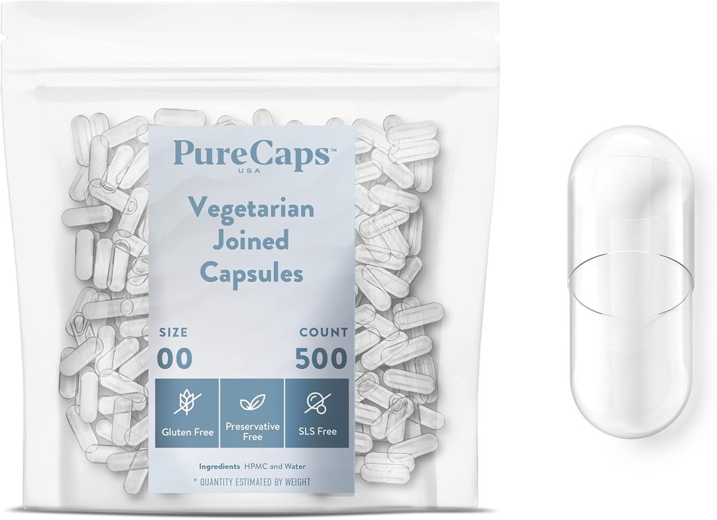 PureCaps USA - Pusty Wegetariański Wegan Pill Kapsułki Rozmiar 00 XI124; 500 Pigułki połączone XI124; NieGMO Certified XI124; SLS, Gluten, Preservative Free