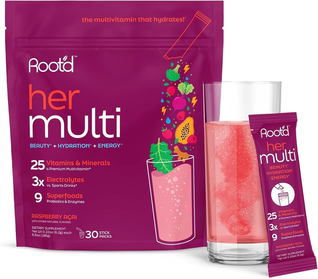 Root'd Multivitamine pulbere pentru femei - 25 Vitamine & Minerale cu 3X Electroliti, 9 Superalimente organice, Probiotice & Enzime, Multivitamine fără zahăr & Hidratare 