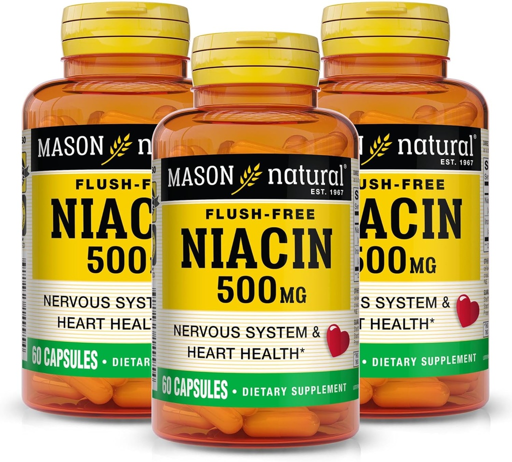 MASON NATURAL Niacin 500 мг Flush-Free, підтримує здоров'я серця, нервову систему та енергетичне виробництво, 60 капсули, пакет 3