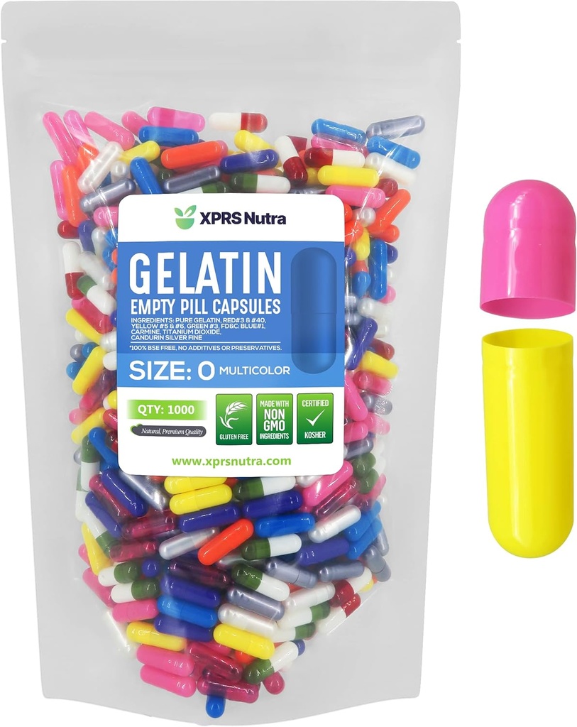 XPRS Nutra Розмір 0 Empty Capsules - 1000 Count Empty Gelatin Capsules - Таблетки DIY Capsule Filling - Pure Bovine Pill Gel Caps для Do-It-Yourself Supplements (Multi Колір)