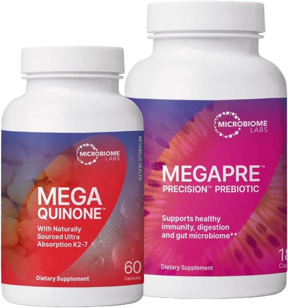 Microbiome Labs MegaPre Prebiotic для підтримки травлення & Gut Barrier (180 капсули) + MegaQuinone K2-7 Повний вітамін K добавки з магнієм, цинком (60 капсули) - 2 Продукт Bundle