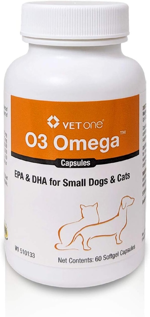 VetOne O3 Omega Soft Gel for katter og små hunder - essensiell fettsyre støtte - Hud & Coat Supplement - 60 kapsler