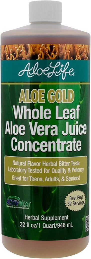 Aloe Life - Aloe Vera Jus de feuille entière, certifié biologique, sans gluten (Aloe Gold, 32 oz)
