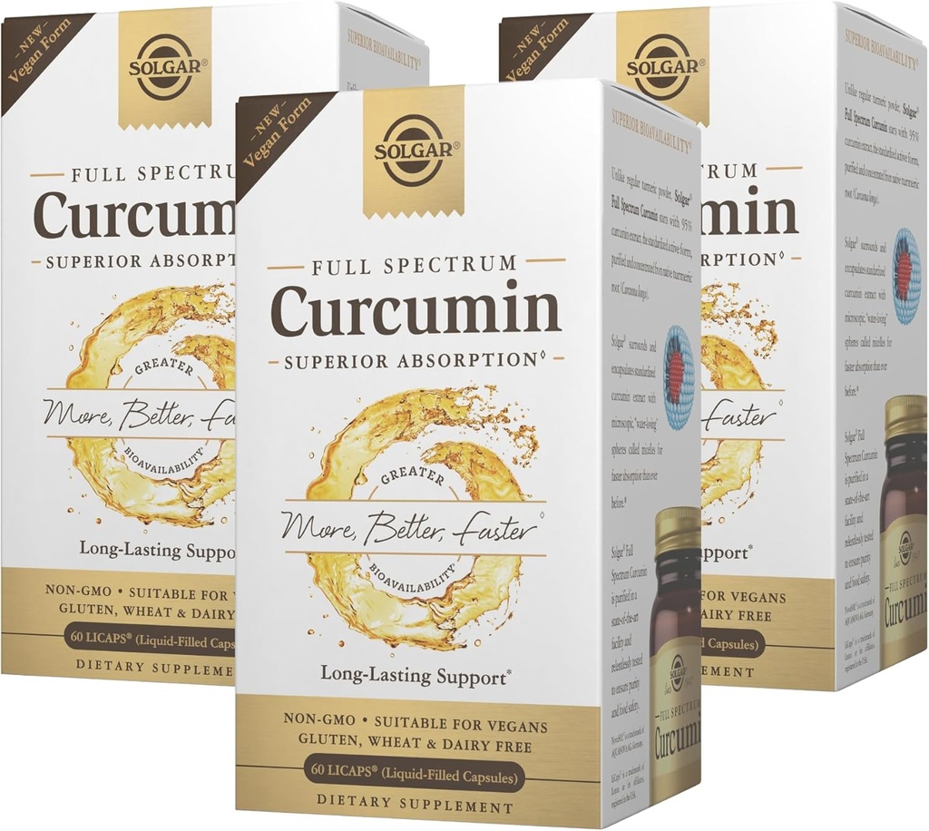 Solgar Full Spectrum Curcumin - 60 LiCaps, Pack of 3 - Superior Absorption - Brain, Joint & Immune Health - Non-GMO, Vegan, Gluten Free, Dairy Free - 180 Total Servings