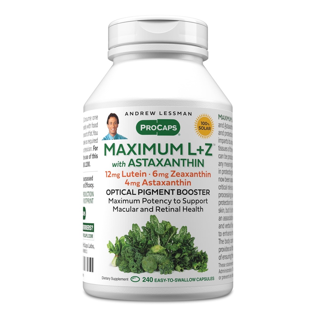 ANDREW LESSMAN Maximum L+Z with Astaxanthin 240 Softgels - 12mg Lutein, 6mg Zeaxanthin, 4mg Astaxanthin. Key Nutrients to Support Eye and Brain Health, and Promote Healthy Vision.