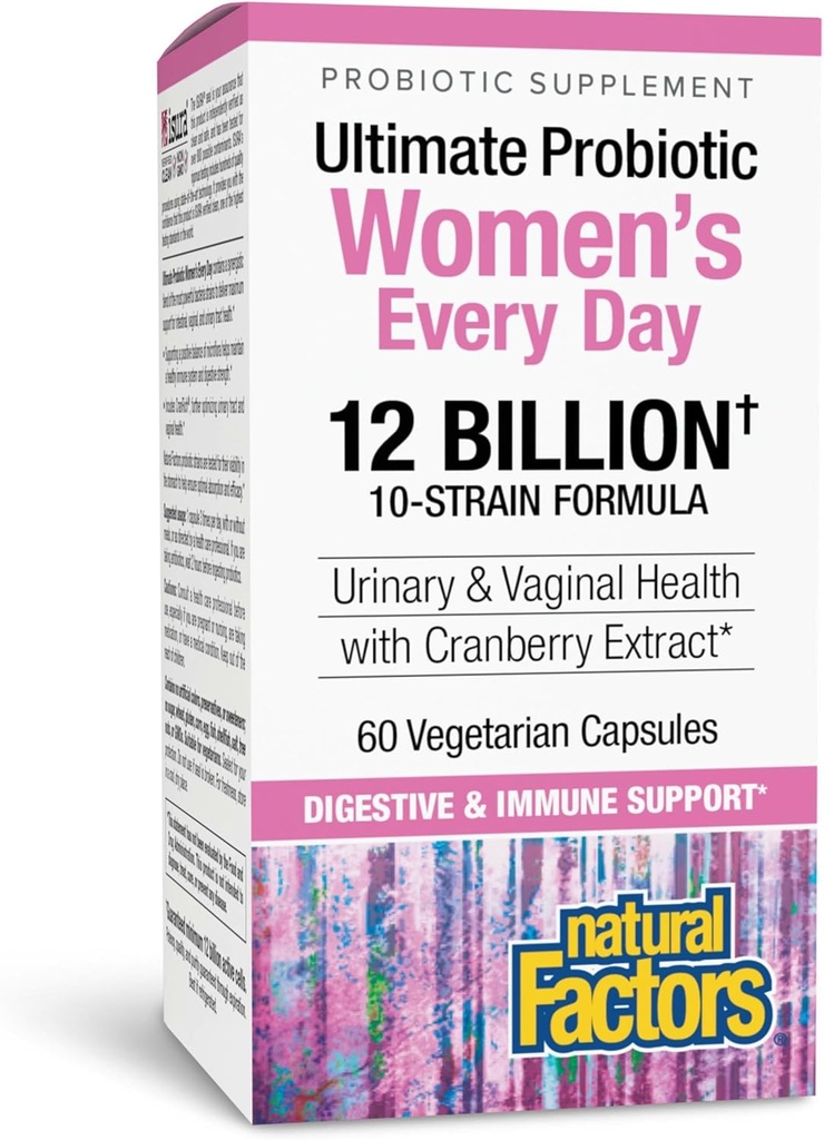 Factores naturales Ultimate Probiotic Women's Every Day - Digestive Health Support Supplement - Probiotic Supplement for Urinary Tract &amp; Vaginal Health Support - 60 Vegetarian Capsules (60 Servings)
