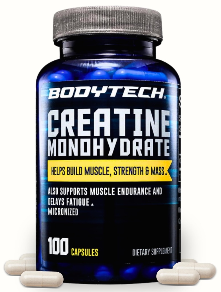 BodyTech Creatine Monohydrate Capsules, Micronized Creatine Formula for Men and Women, 2250 mg per Serving, Pre Workout & Post Workout Supplement, Gluten Free, Sugar Free, 100 Capsules