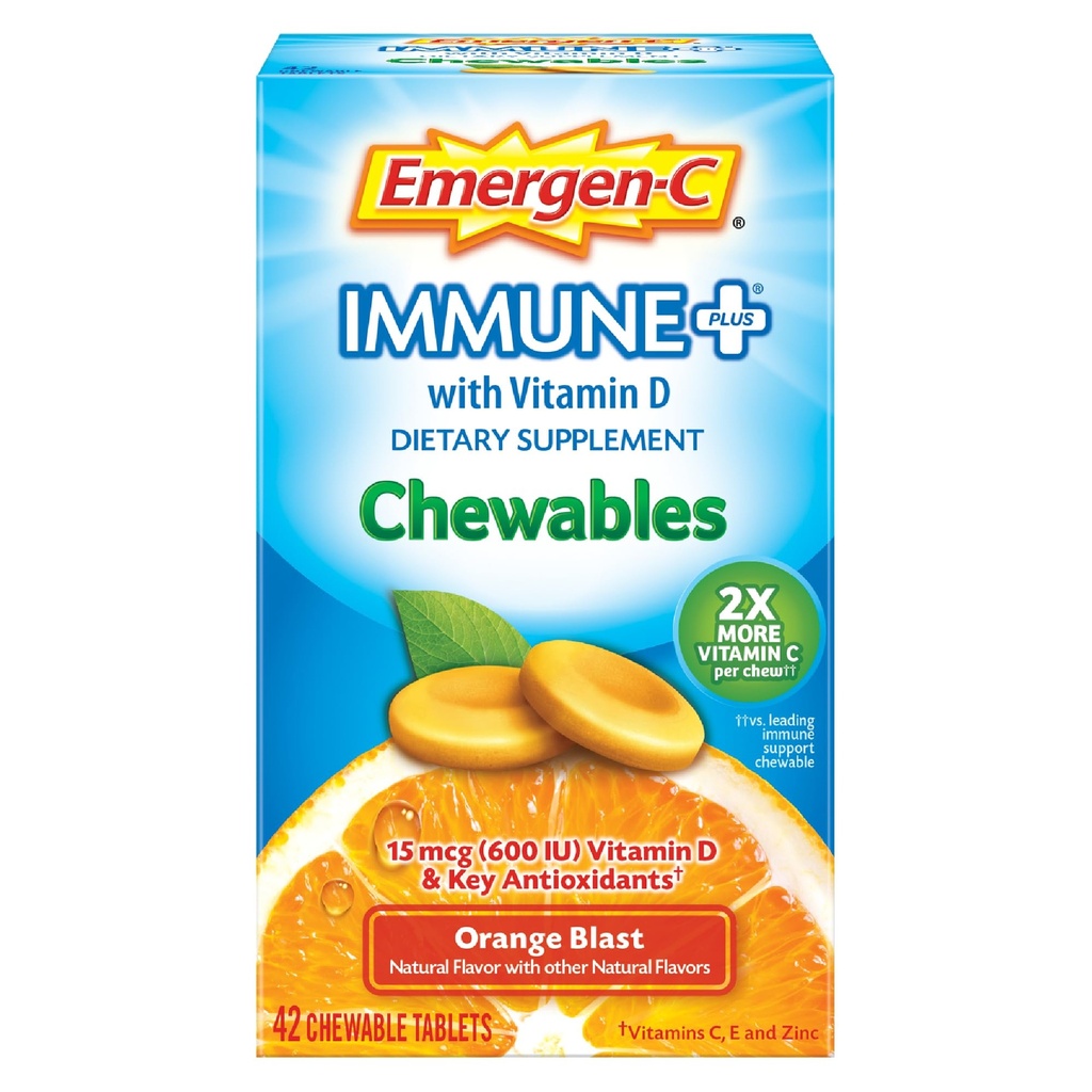 Emergen-C Immune+ Chewables 1000mg Vitamin C with Vitamin D Tablet, Immune Support Dietary Supplement for Immunity, Orange Blast Flavor, Back to School Essentials - 42 Count