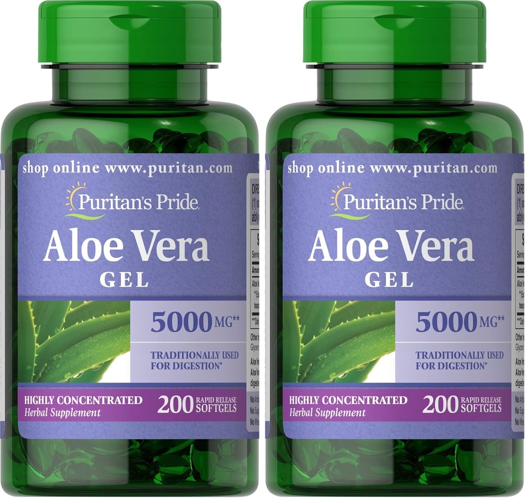 Puritan's Pride Aloe Vera özü 25mg (5000mg Equivalent) Softgels, 200 Count (Paket May Vary) (Paket 2)