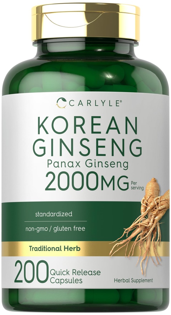 Carlyle Korean Ginseng Capsules | 2000mg | 200 Count | Standardized Panax Extract Supplement | Non-GMO and Gluten Free Formula