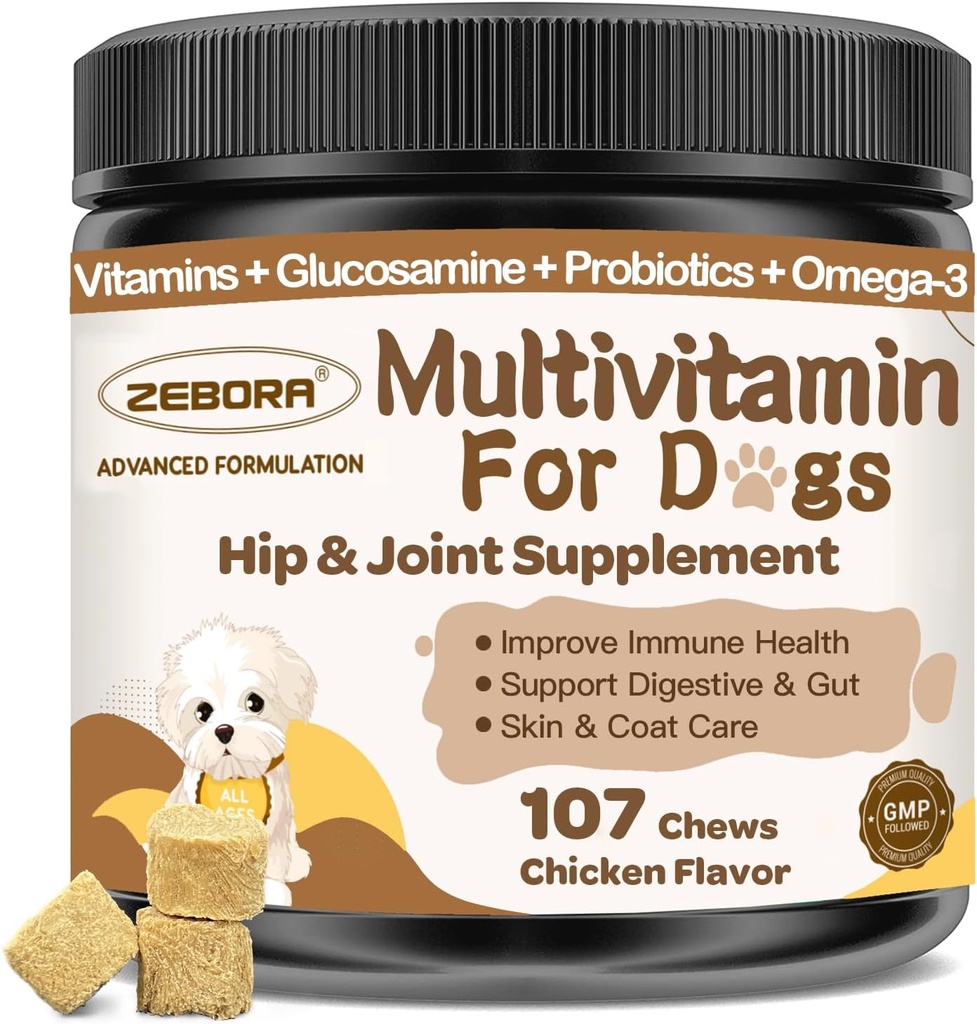 Koira Multivitamiini Minerals kokonaisterveyteen - koiran vitamiinit ja lisäravinteet Glukosamiini, Probiootit koiranpentu ja senior koirat Minerals - Omega 3 Fish Oil for Skin & Coat - 107 Chews