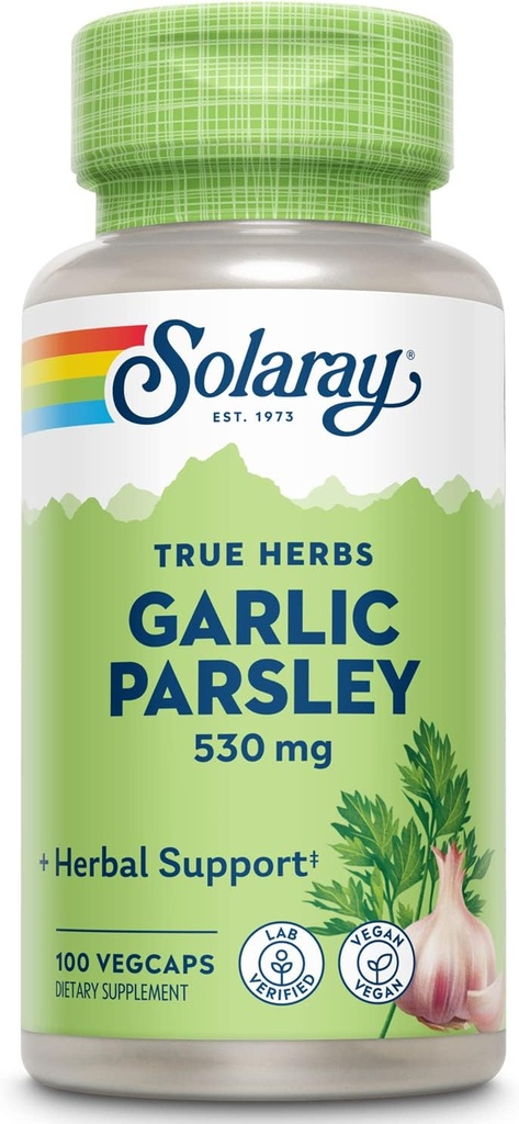 SOLARAY Garlic Bulb & Parsley Leaf 530mg | Cardiovascular Saudable e Soporte para funcións do sistema inmunitario | Non-GMO, Vegan & Lab Verificado | 100 VegCaps