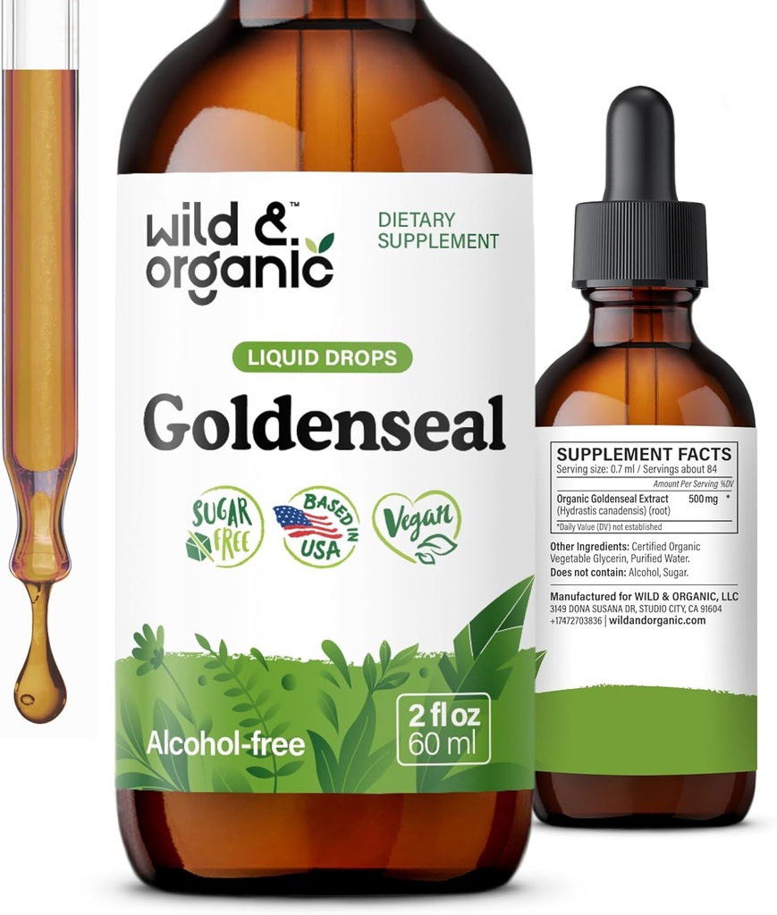 Wild & Organic Goldenseal Root Tincture - Lung Cleanse, Immune & Digestive Support - Liquid Goldenseal Supplement - Vegan, Sugar & Alkol-Free Herb Drops - 2 fl oz
