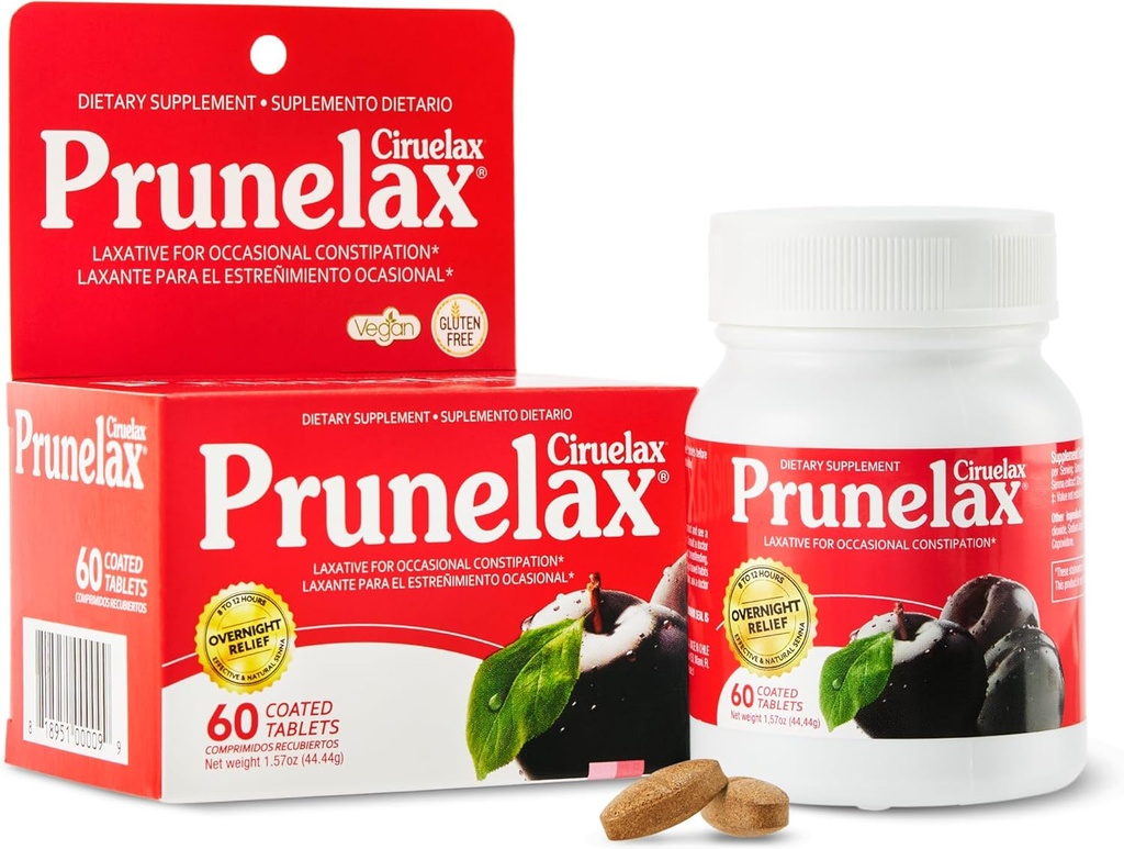 Prunelax Ciruelax 常规强力拉力片 - 偶发便秘的过夜救济, Senna 提取, Vegan & Gluten-free, Fast-acting Gentle Relief - 60ct