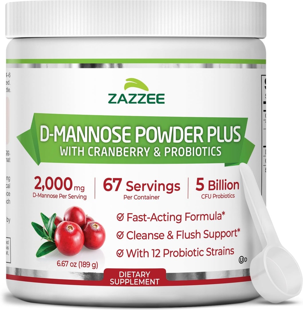 Zazzee D-Mannose Powder Plus, 2000 mg, 67 Servings, Potent &amp; Fast-Acting, Plus 5 Billion CFU Probiotics and Pure Cranberry Juice Extract, Kosher, Free Scoop, 6.5 Oz, Gluten-Free, Non-GMO All-Natural