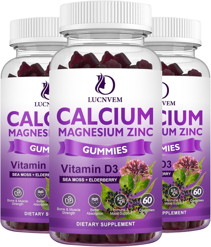Calcium Magnesium Zinc Gummies witn Elderberry and Sea Moss, Calcium Magnesium 2:1, Contains Magnesium Glycinate, Vitamin D3, for Bones, Muscles, Calm Mood & Sleep Support, 60 Gummies(3 Packs)