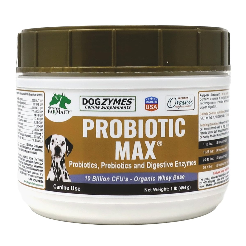 Dogzymes Probiotic Max -10 Billion CFU's Probiotics, Prebiotics, Digestive Enzymes - Relieves Diarrhea, Upset Stomach, Constipation, Gas, Allergy, Immunity & Overall Health 1 Pound