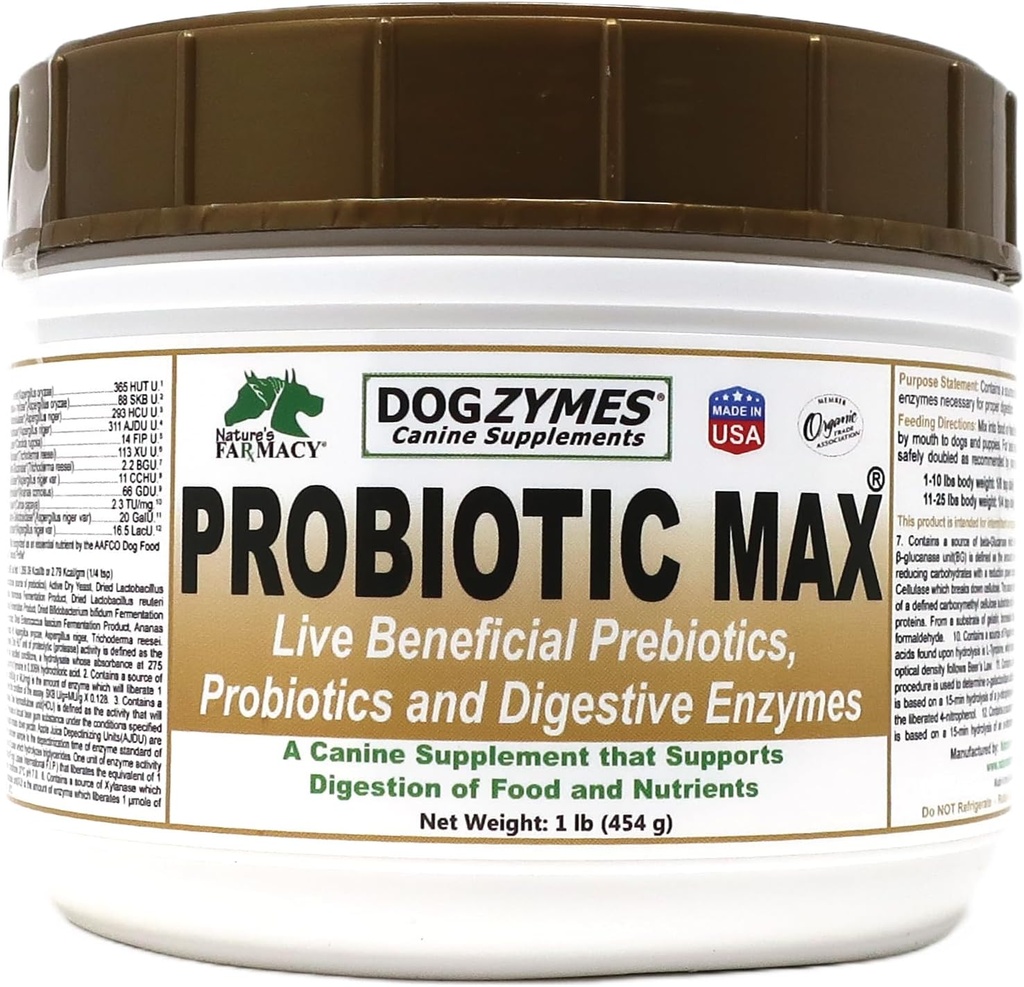 Dogzymes Probiotic Max -10 Milionů CFU Probiotika, Prebiotika, Digestivní Enzymy - Zmírňuje průjem, Upset žaludku, zácpa, plyn, alergie, imunita a celkové zdraví 1 libra