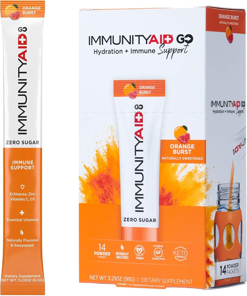 LEVENAD IMMUNITYAID GAAN! Zero Sugar Immunity + Hydration Packet, Vitamine C, Echinacea, Zink, Astragalus Root, Keto-vriendelijk, Veganistisch & Glutenvrij, 5 calorieën, natuurlijk zoet, Geen cafeïne, 14 Pack