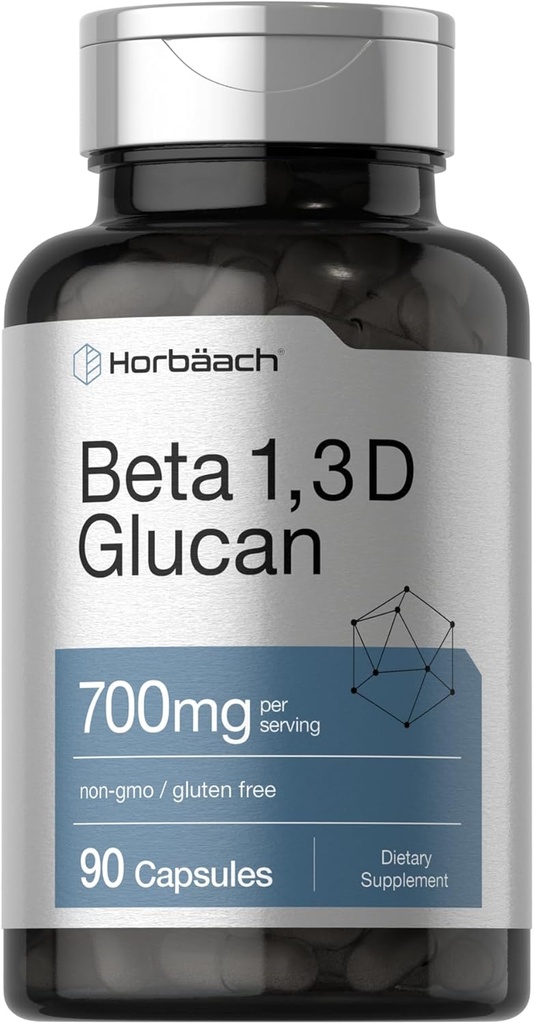 Horbäach Beta Glucan 1 3D 700 mg | 90 cápsulas | Beta 1,3, 1,6 D Glucan | Non-GMO, Suplemento gratuíto de glute
