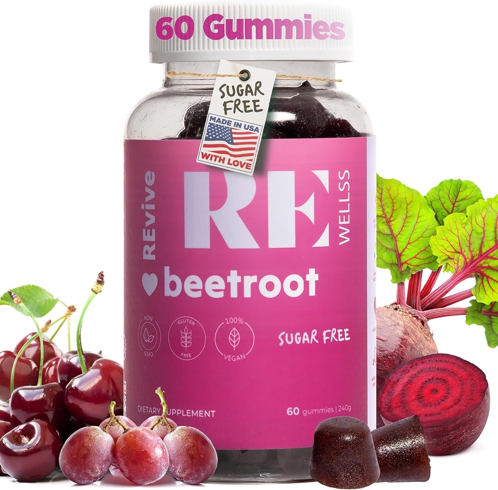 Beterraba Gummies raiz com semente de uva Extrair suplementos de energia I Suplementos de óxido nítrico gratuitos de açúcar para homens e mulheres I Global Health & Blood Pressure Support I 60 chicletes - sabor cereja