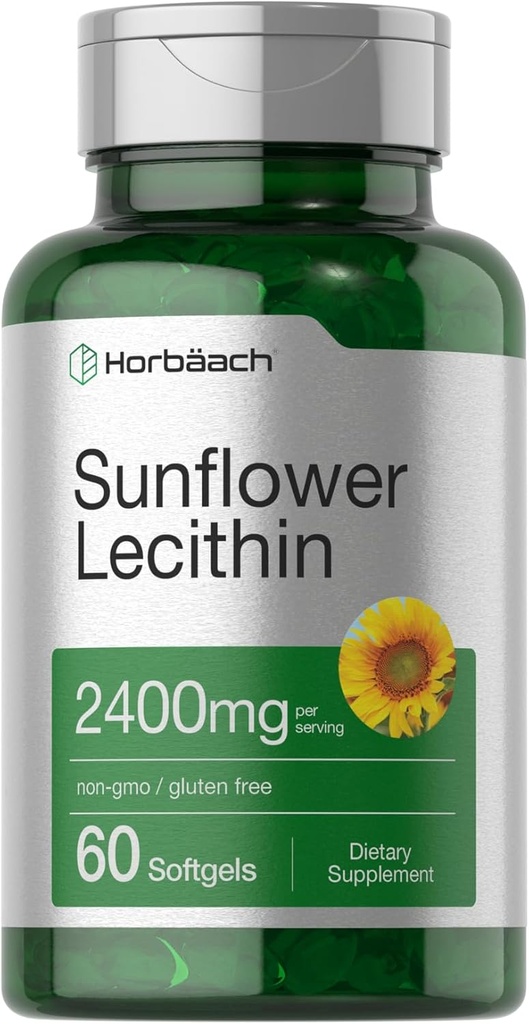 Horbäach Sunflower Lecithin Softgel Capsules | 2400mg | 60 Pills | Natural Occurring Fospholipids | Non-GMO, Gluten Pulsuz