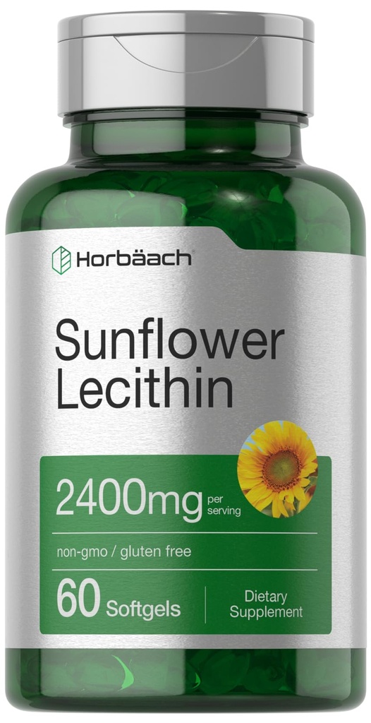Horbäach Sunflower Lecithin Softgel Capsules | 2400mg | 60 Pills | Naturally Occurring Phospholipids | Non-GMO, Gluten Free Supplement