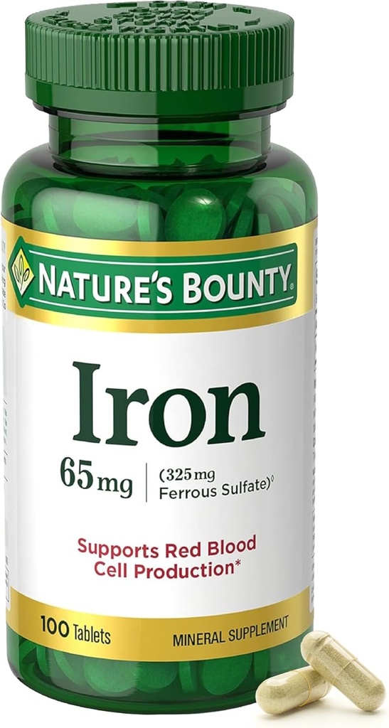 Nature's Bounty Iron 65mg, 325 mg Ferrous Sulfate, Cellular Energy Support, Normal Red Blood Cell Production, 1 Gün müxtəlif, Gluten Free, 100 Vegetarian Tablets