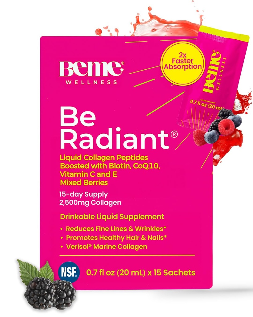 BeMe Liquid Collagen for Women - 2500mg Verisol Collagen Liquid with Biotin, CoQ10 & Vitamin C - Clinically Proven Collagen Peptides for Hair, Skin & Nails - 15 Mixed Berry Sachets
