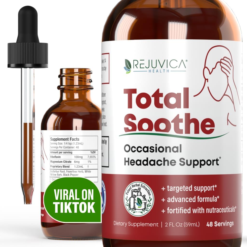 Rejuvica Health Total Soothe - Advanced Occasional Headache Support Supplement - Liquid Delivery för bättre absorption - Feverfew, Riboflavin, Butterbur, Black Pepper & More!